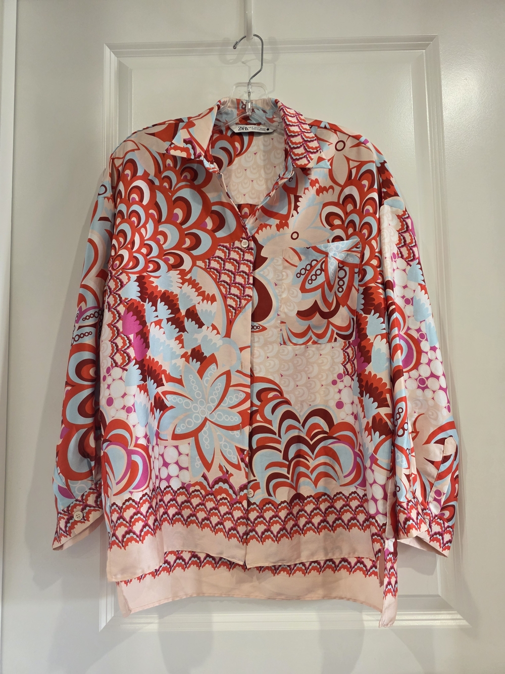 Zara Red Pink Blue Abstract Print Button-Down 3 Pc Outfit